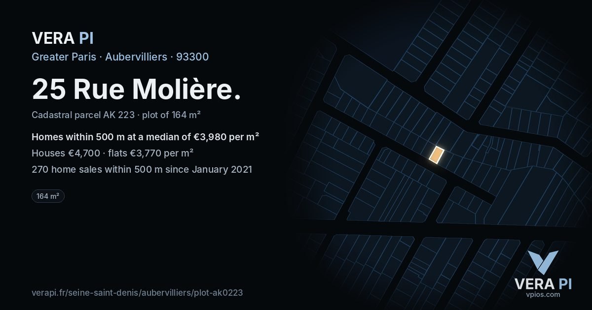 25 Rue Molière, Aubervilliers at night – the plot lit, the parcels around coloured by the prices near them