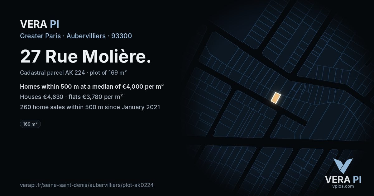 27 Rue Molière, Aubervilliers at night – the plot lit, the parcels around coloured by the prices near them