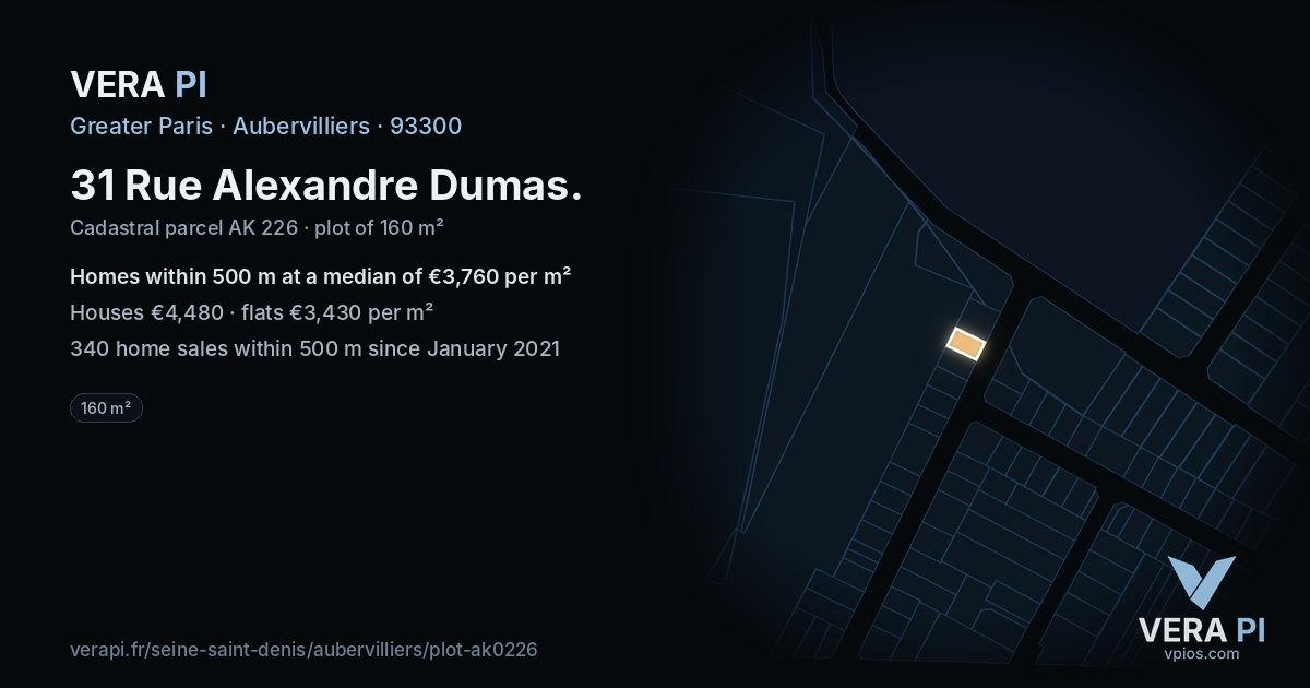 31 Rue Alexandre Dumas, Aubervilliers at night – the plot lit, the parcels around coloured by the prices near them