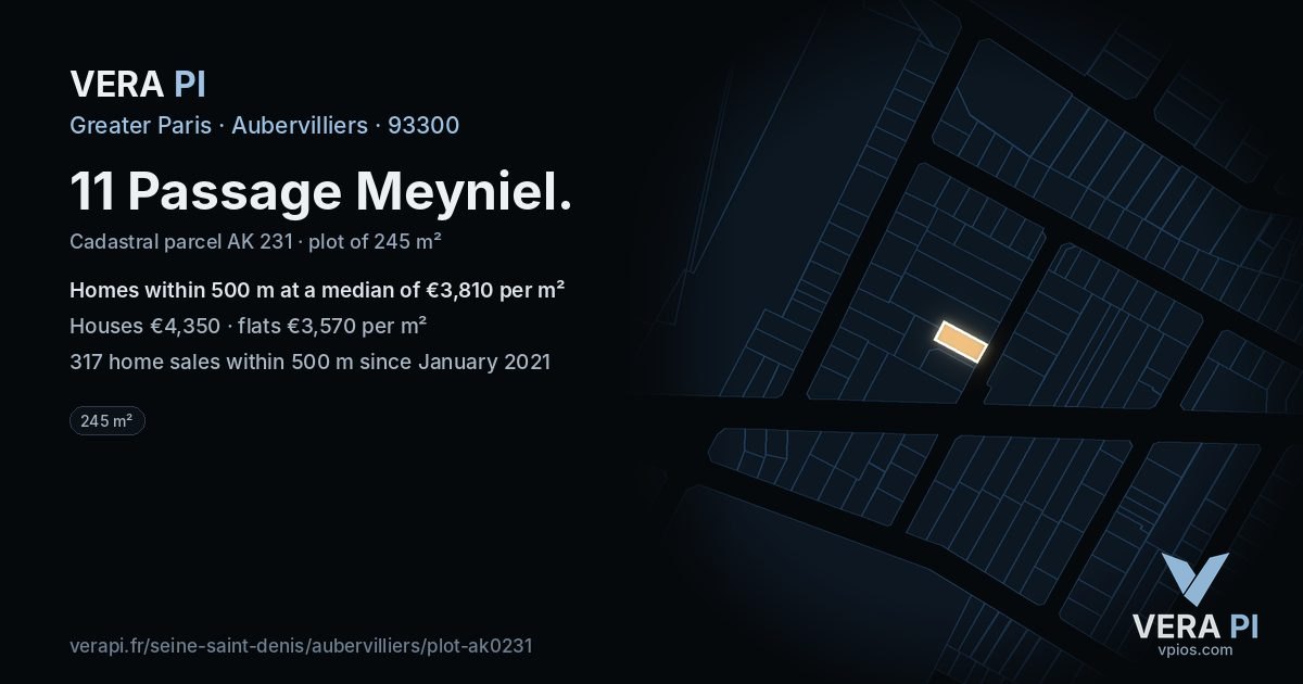 11 Passage Meyniel, Aubervilliers at night – the plot lit, the parcels around coloured by the prices near them