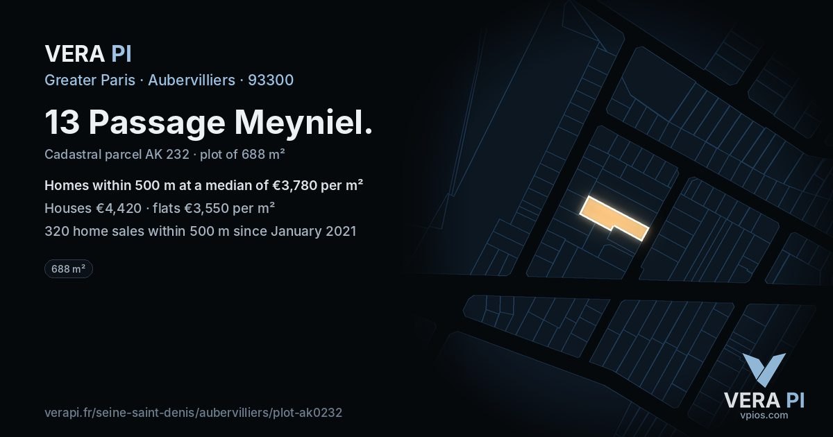 13 Passage Meyniel, Aubervilliers at night – the plot lit, the parcels around coloured by the prices near them