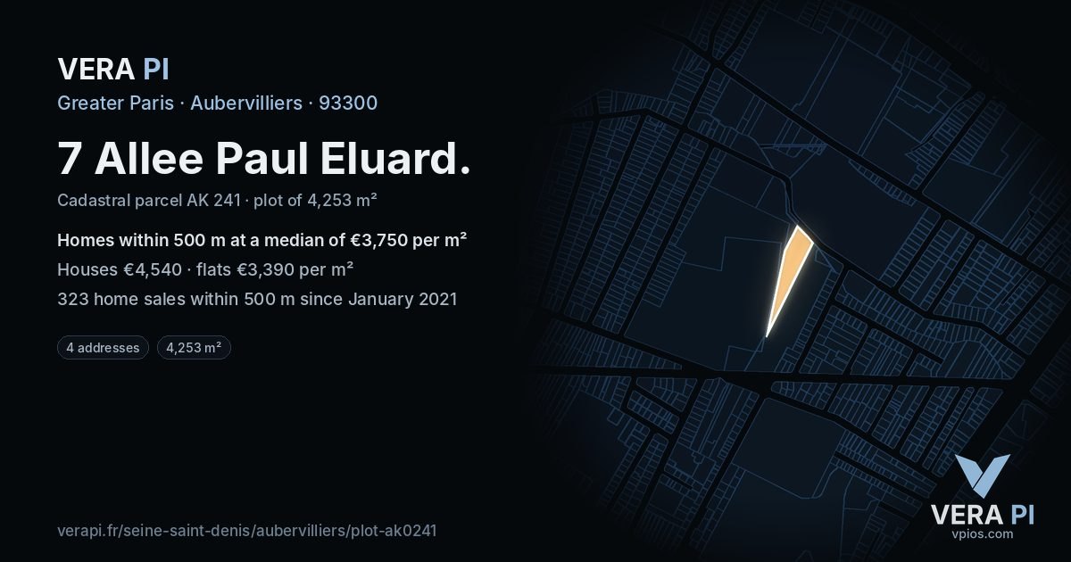 7 Allee Paul Eluard, Aubervilliers at night – the plot lit, the parcels around coloured by the prices near them