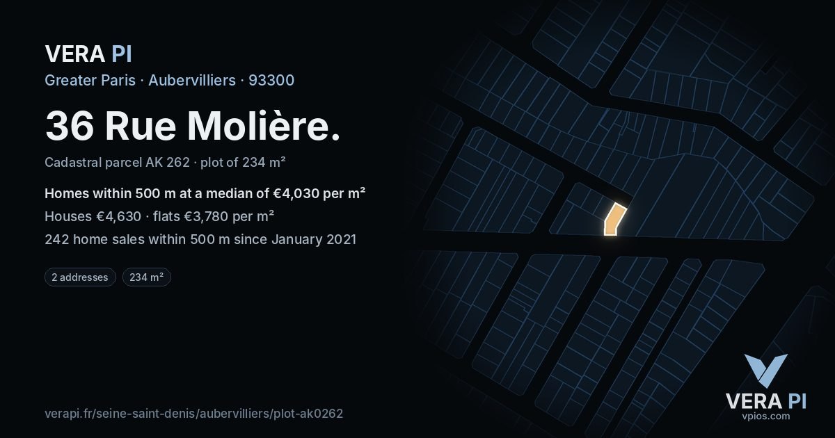 36 Rue Molière, Aubervilliers at night – the plot lit, the parcels around coloured by the prices near them