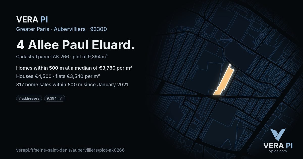 4 Allee Paul Eluard, Aubervilliers at night – the plot lit, the parcels around coloured by the prices near them