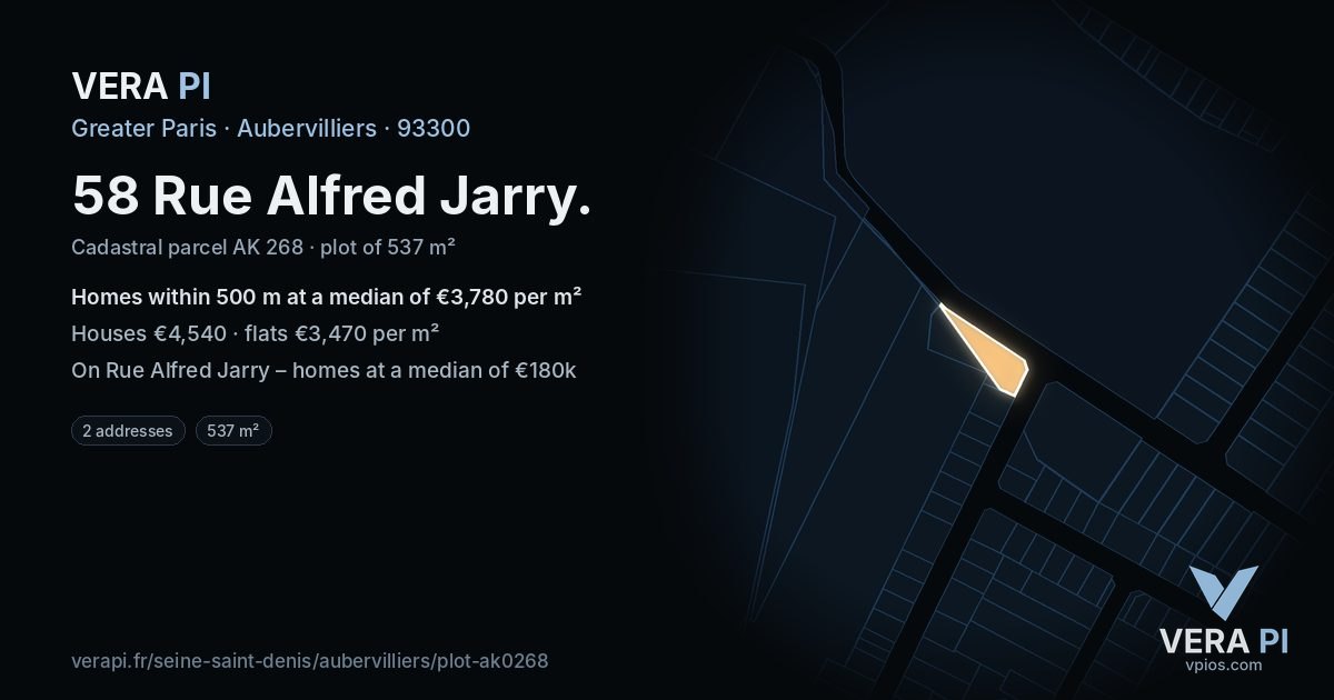 58 Rue Alfred Jarry, Aubervilliers at night – the plot lit, the parcels around coloured by the prices near them