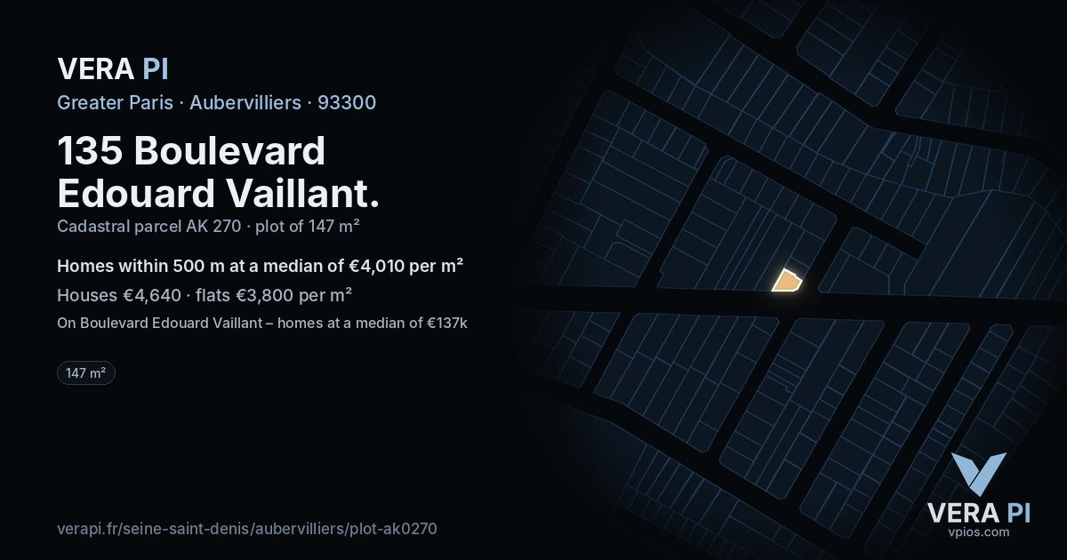 135 Boulevard Edouard Vaillant, Aubervilliers at night – the plot lit, the parcels around coloured by the prices near them