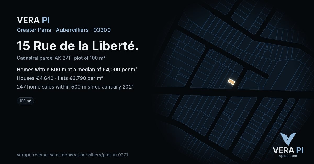 15 Rue de la Liberté, Aubervilliers at night – the plot lit, the parcels around coloured by the prices near them