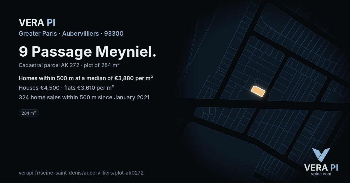 9 Passage Meyniel, Aubervilliers at night – the plot lit, the parcels around coloured by the prices near them