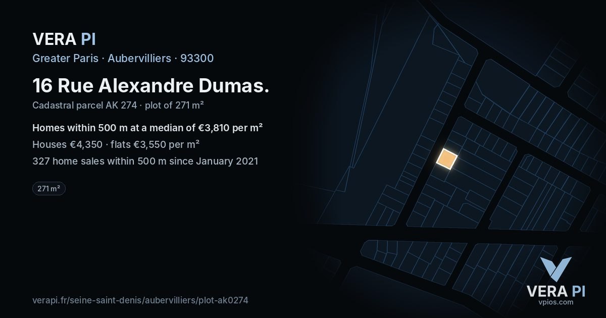 16 Rue Alexandre Dumas, Aubervilliers at night – the plot lit, the parcels around coloured by the prices near them