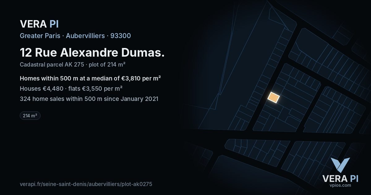 12 Rue Alexandre Dumas, Aubervilliers at night – the plot lit, the parcels around coloured by the prices near them