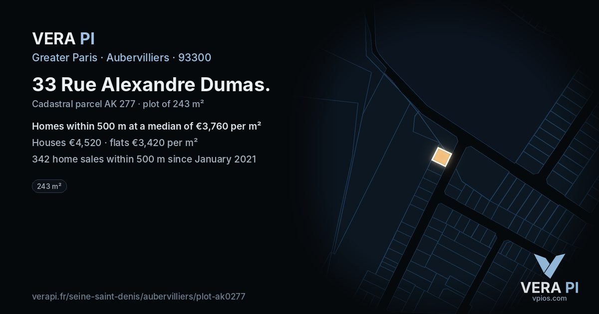 33 Rue Alexandre Dumas, Aubervilliers at night – the plot lit, the parcels around coloured by the prices near them