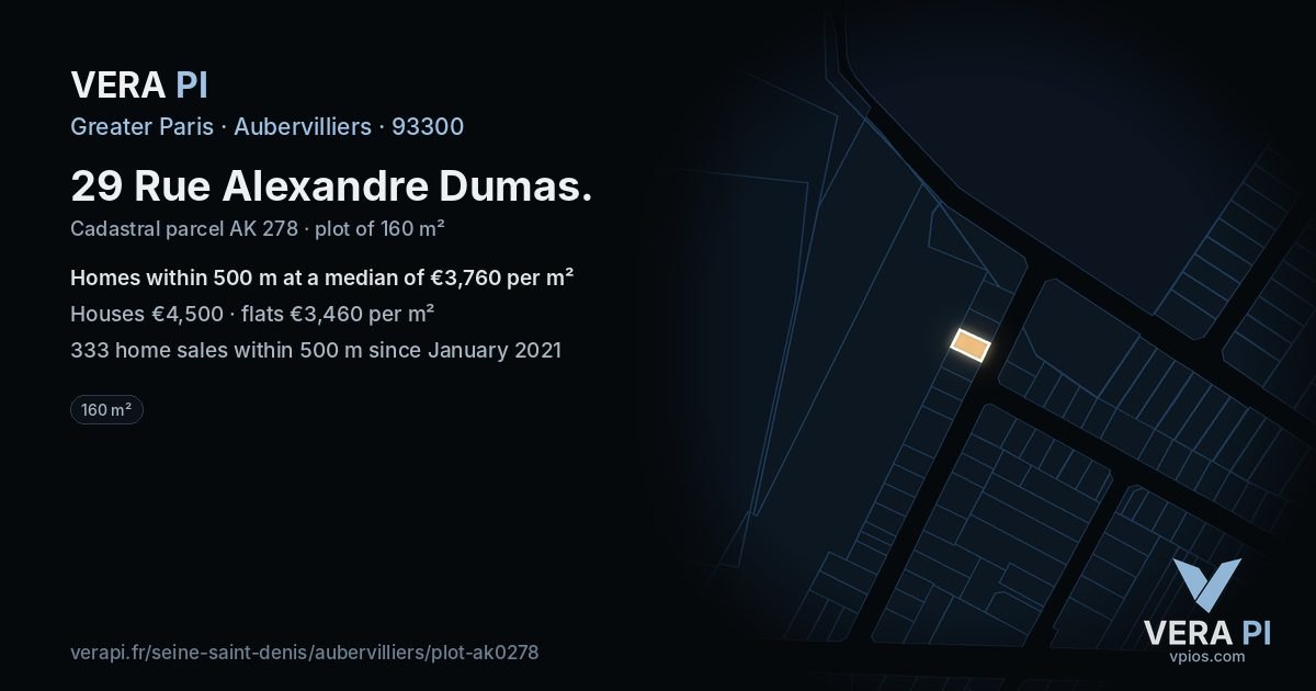 29 Rue Alexandre Dumas, Aubervilliers at night – the plot lit, the parcels around coloured by the prices near them