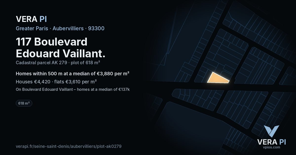 117 Boulevard Edouard Vaillant, Aubervilliers at night – the plot lit, the parcels around coloured by the prices near them