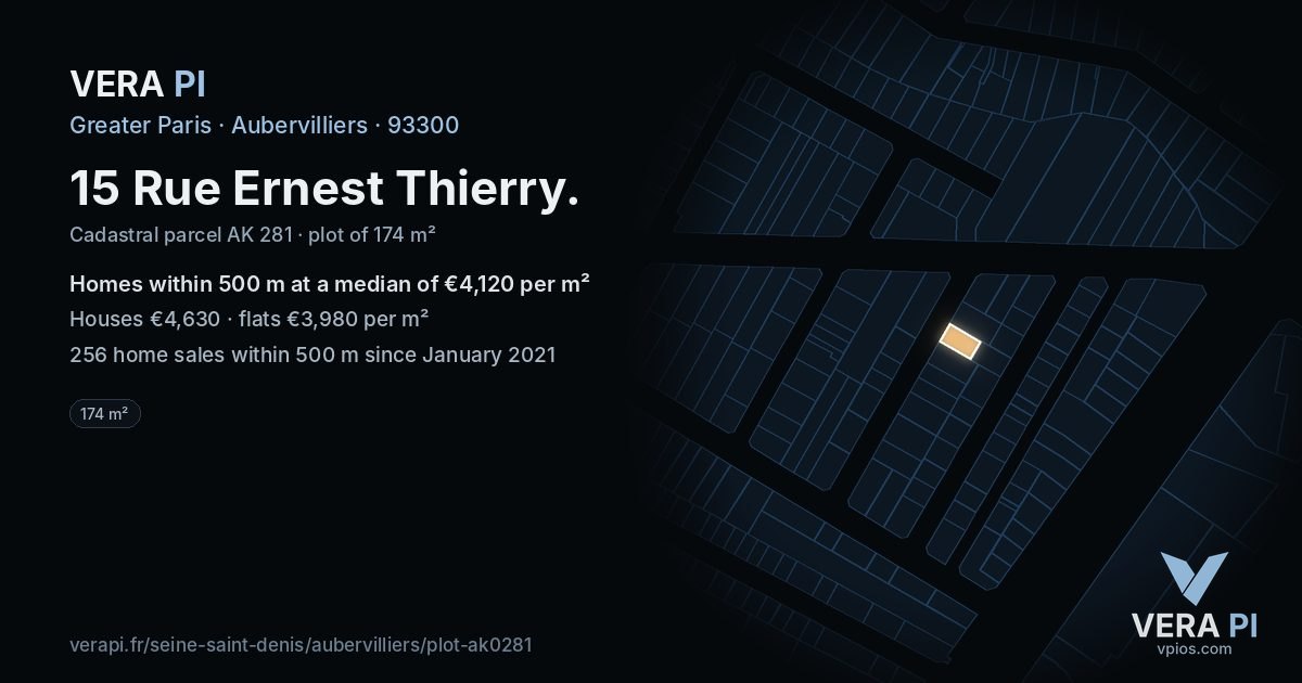15 Rue Ernest Thierry, Aubervilliers at night – the plot lit, the parcels around coloured by the prices near them