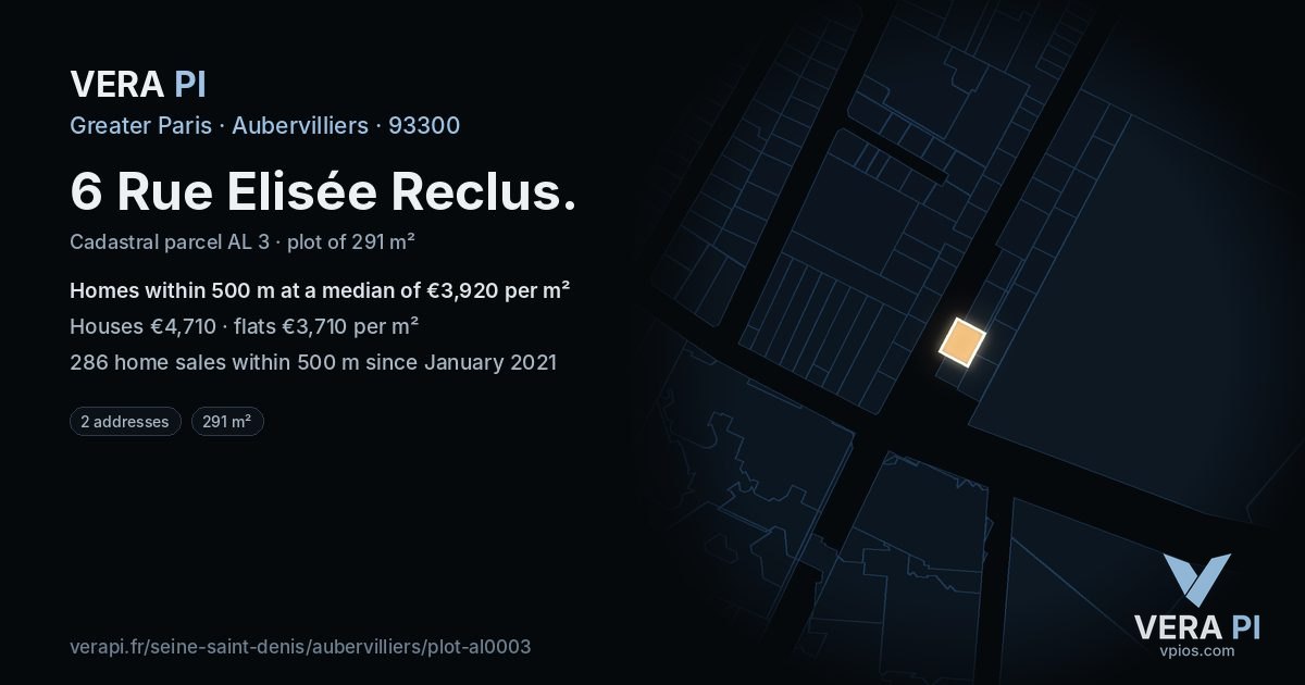 6 Rue Elisée Reclus, Aubervilliers at night – the plot lit, the parcels around coloured by the prices near them