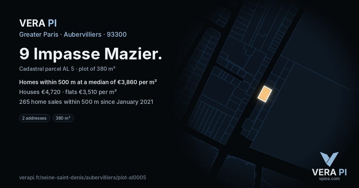 9 Impasse Mazier, Aubervilliers at night – the plot lit, the parcels around coloured by the prices near them