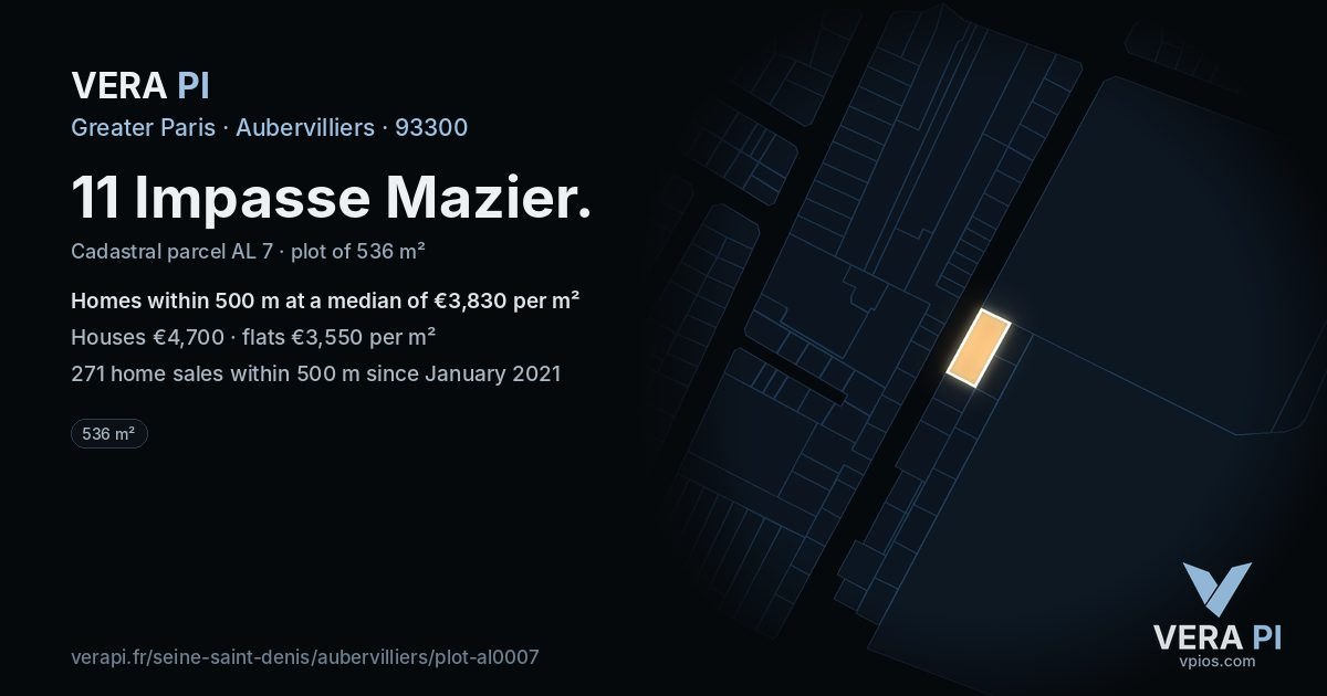 11 Impasse Mazier, Aubervilliers at night – the plot lit, the parcels around coloured by the prices near them