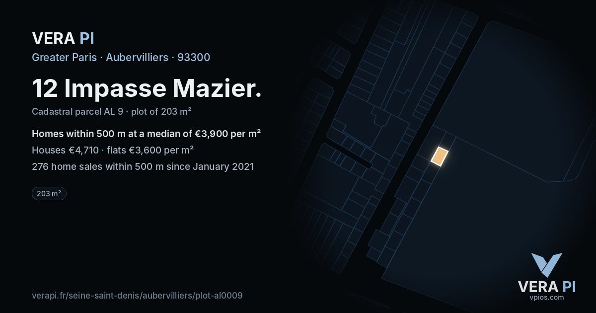 12 Impasse Mazier, Aubervilliers at night – the plot lit, the parcels around coloured by the prices near them