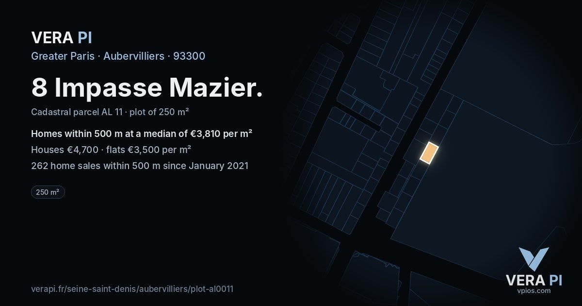 8 Impasse Mazier, Aubervilliers at night – the plot lit, the parcels around coloured by the prices near them