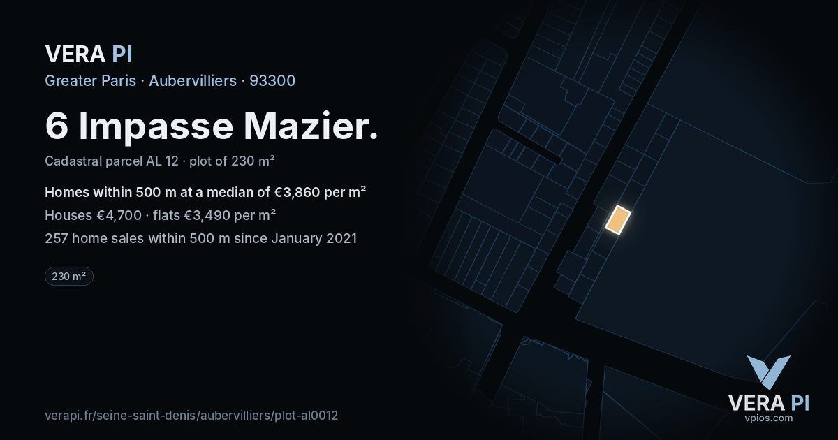 6 Impasse Mazier, Aubervilliers at night – the plot lit, the parcels around coloured by the prices near them