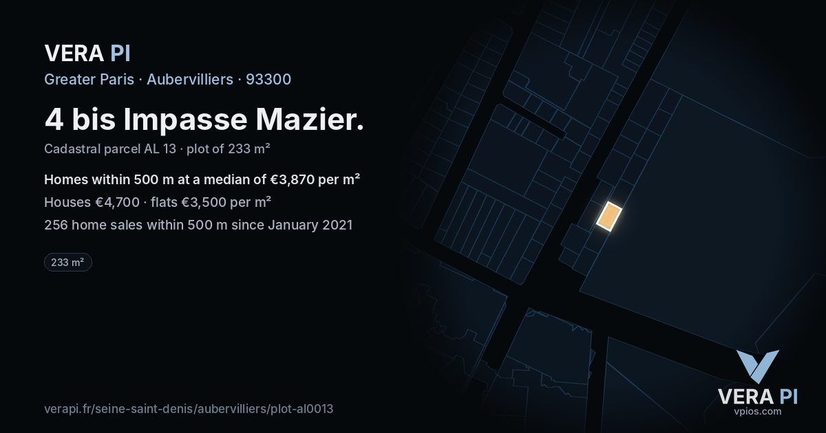 4 bis Impasse Mazier, Aubervilliers at night – the plot lit, the parcels around coloured by the prices near them