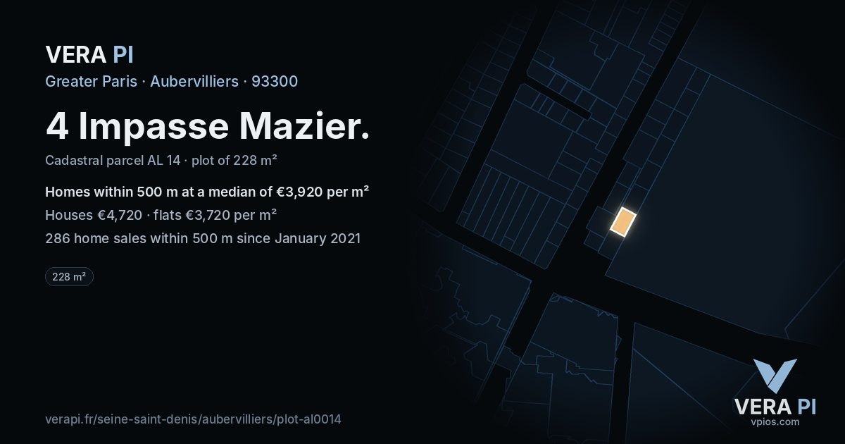 4 Impasse Mazier, Aubervilliers at night – the plot lit, the parcels around coloured by the prices near them
