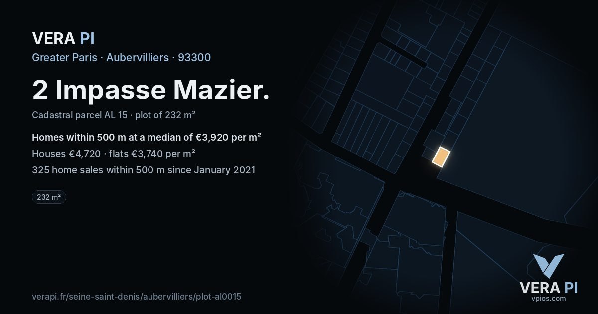 2 Impasse Mazier, Aubervilliers at night – the plot lit, the parcels around coloured by the prices near them