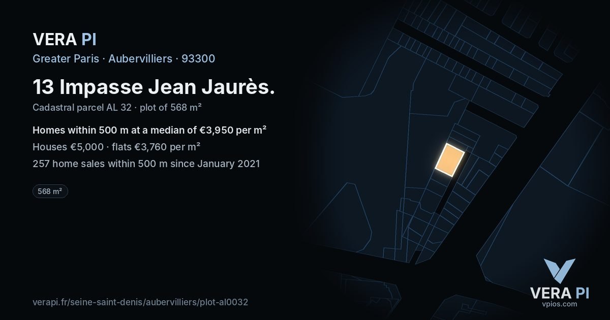 13 Impasse Jean Jaurès, Aubervilliers at night – the plot lit, the parcels around coloured by the prices near them