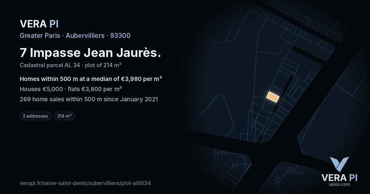 7 Impasse Jean Jaurès, Aubervilliers at night – the plot lit, the parcels around coloured by the prices near them