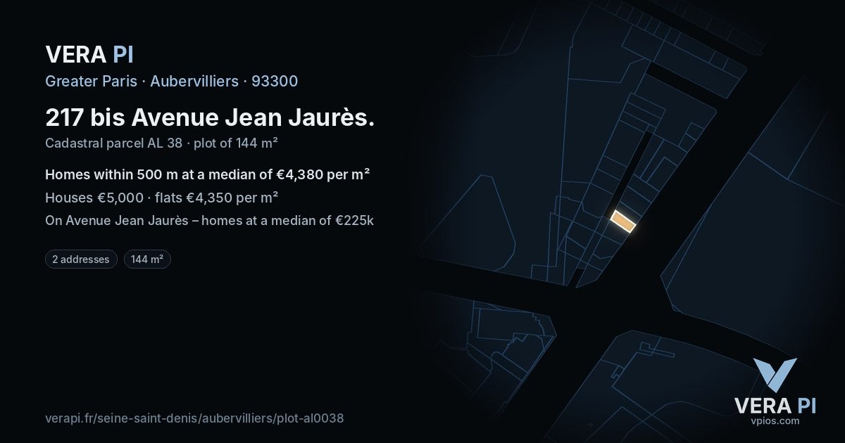 217 bis Avenue Jean Jaurès, Aubervilliers at night – the plot lit, the parcels around coloured by the prices near them