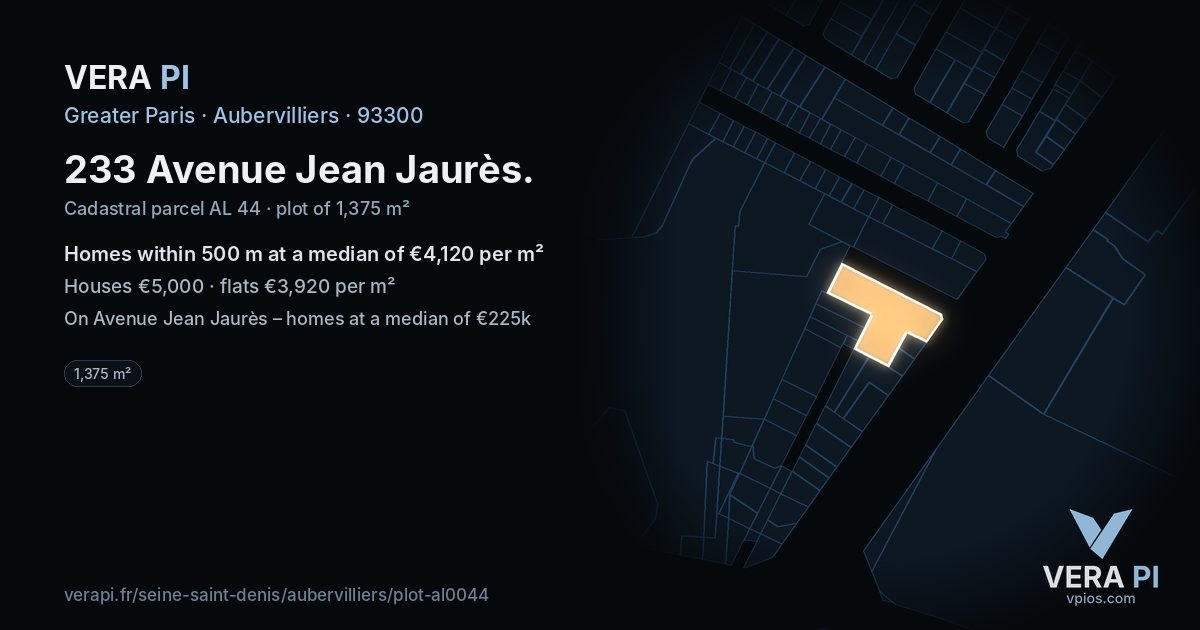 233 Avenue Jean Jaurès, Aubervilliers at night – the plot lit, the parcels around coloured by the prices near them