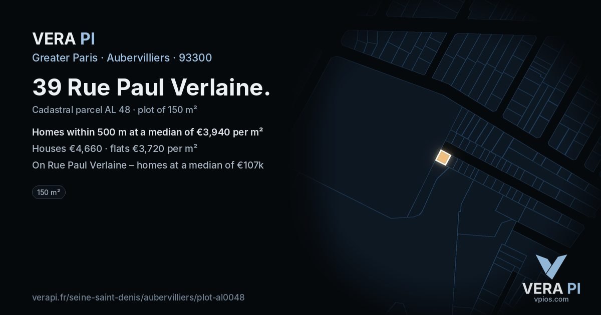39 Rue Paul Verlaine, Aubervilliers at night – the plot lit, the parcels around coloured by the prices near them