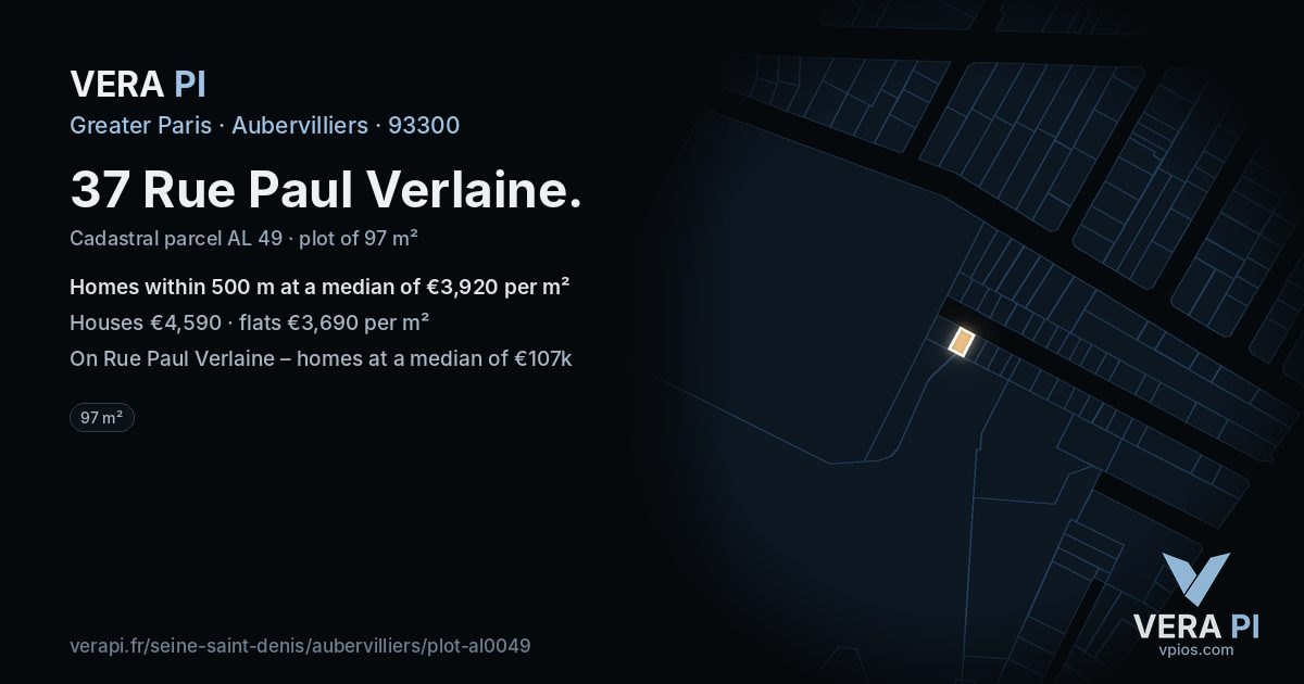 37 Rue Paul Verlaine, Aubervilliers at night – the plot lit, the parcels around coloured by the prices near them