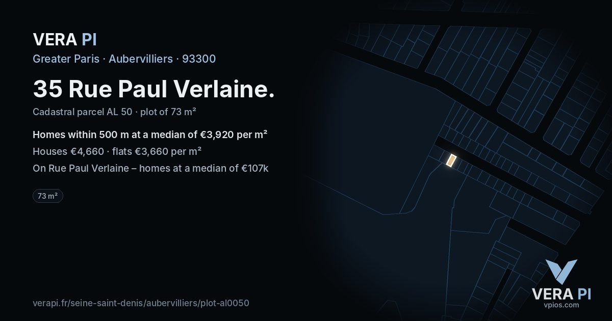 35 Rue Paul Verlaine, Aubervilliers at night – the plot lit, the parcels around coloured by the prices near them