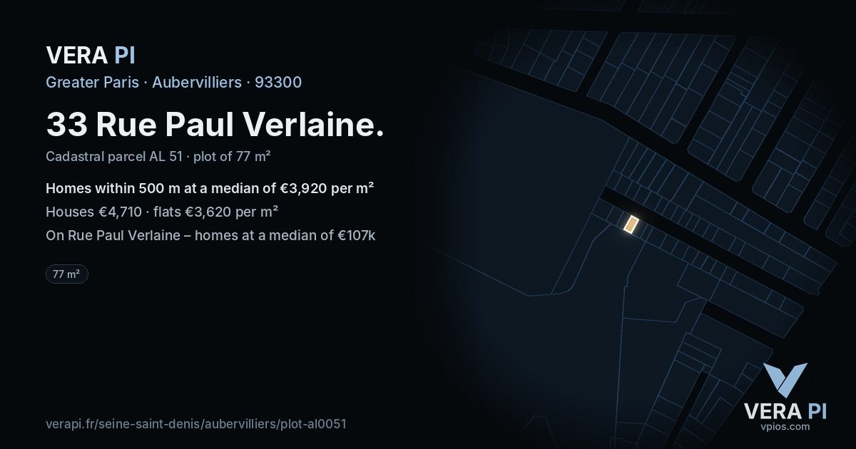 33 Rue Paul Verlaine, Aubervilliers at night – the plot lit, the parcels around coloured by the prices near them