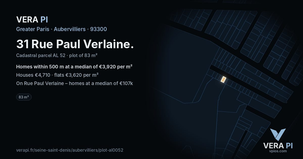31 Rue Paul Verlaine, Aubervilliers at night – the plot lit, the parcels around coloured by the prices near them