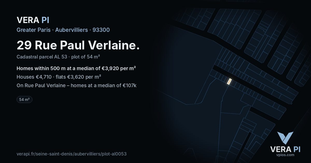 29 Rue Paul Verlaine, Aubervilliers at night – the plot lit, the parcels around coloured by the prices near them