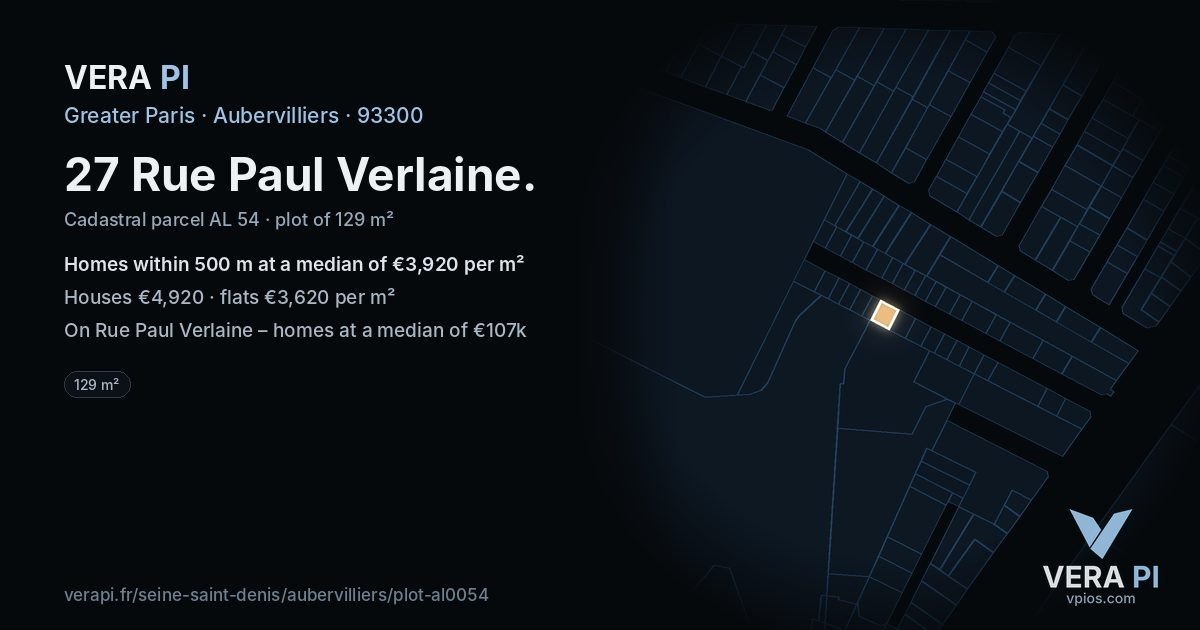 27 Rue Paul Verlaine, Aubervilliers at night – the plot lit, the parcels around coloured by the prices near them