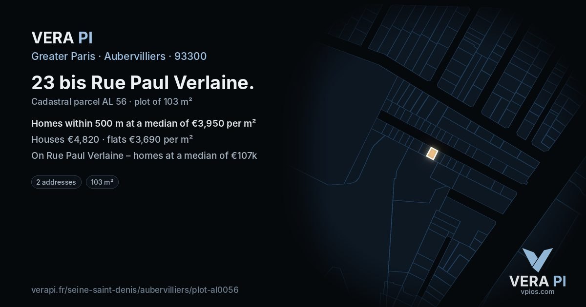 23 bis Rue Paul Verlaine, Aubervilliers at night – the plot lit, the parcels around coloured by the prices near them