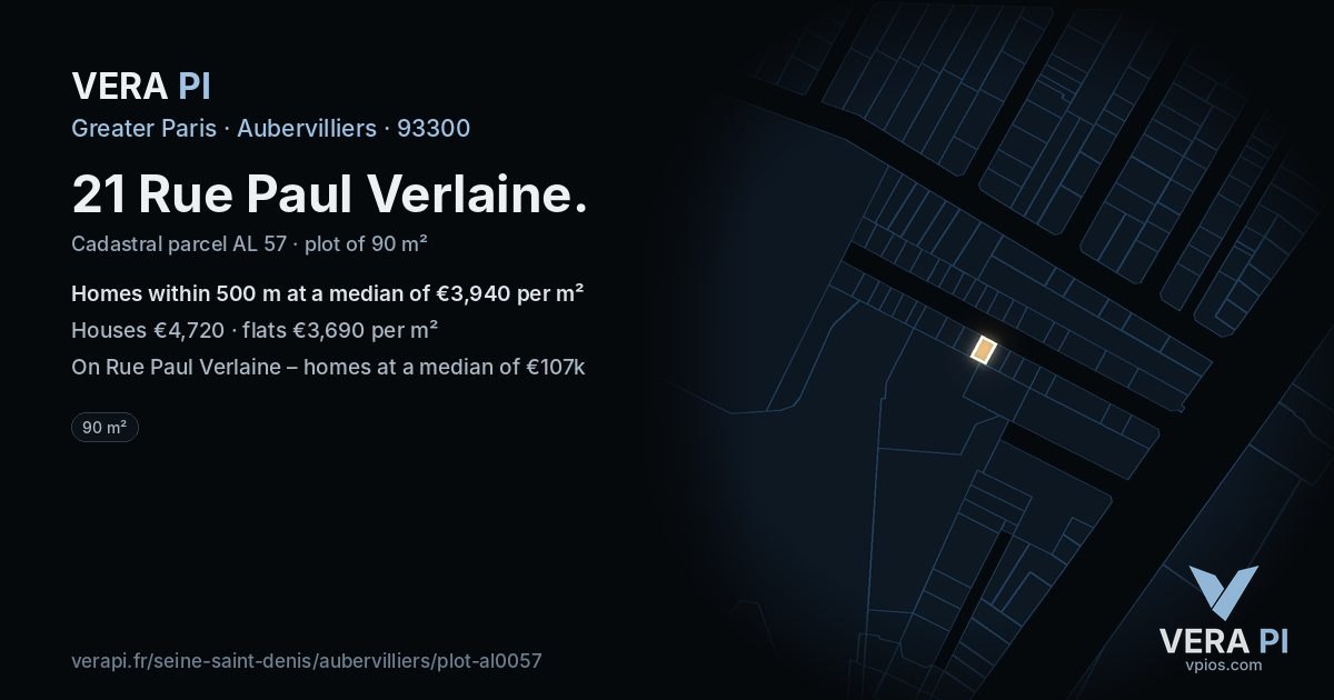 21 Rue Paul Verlaine, Aubervilliers at night – the plot lit, the parcels around coloured by the prices near them