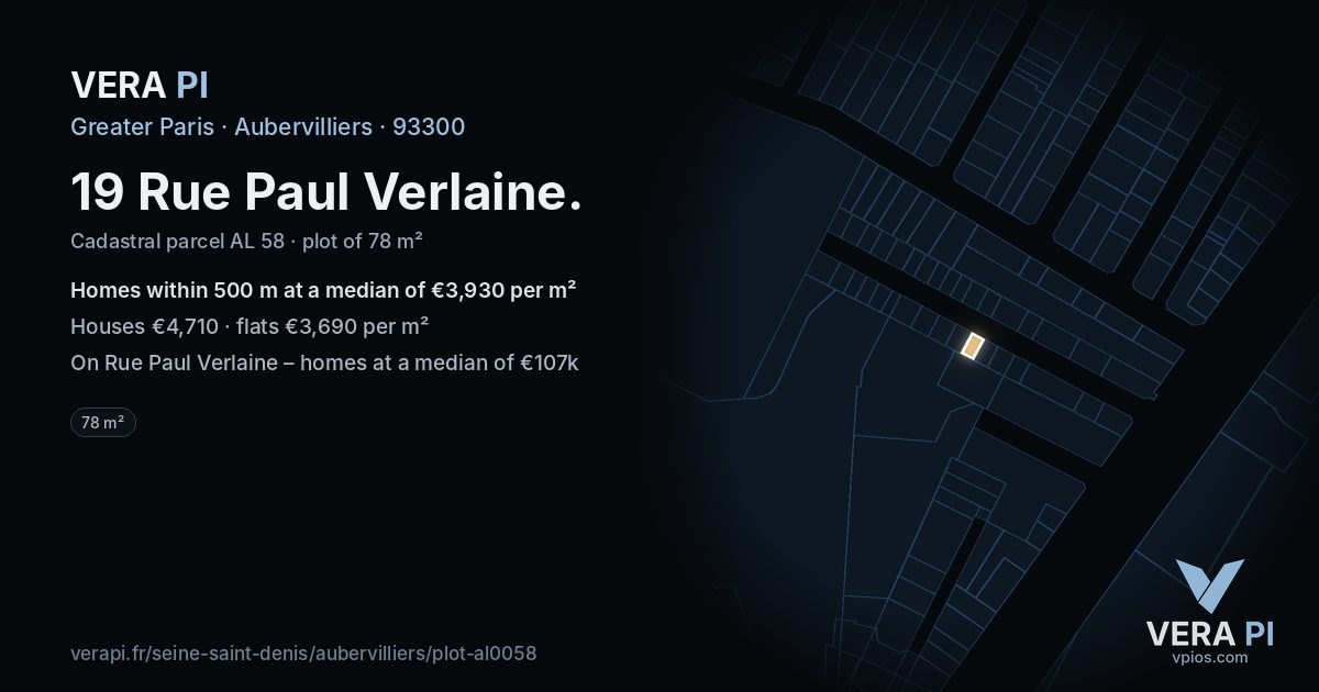 19 Rue Paul Verlaine, Aubervilliers at night – the plot lit, the parcels around coloured by the prices near them