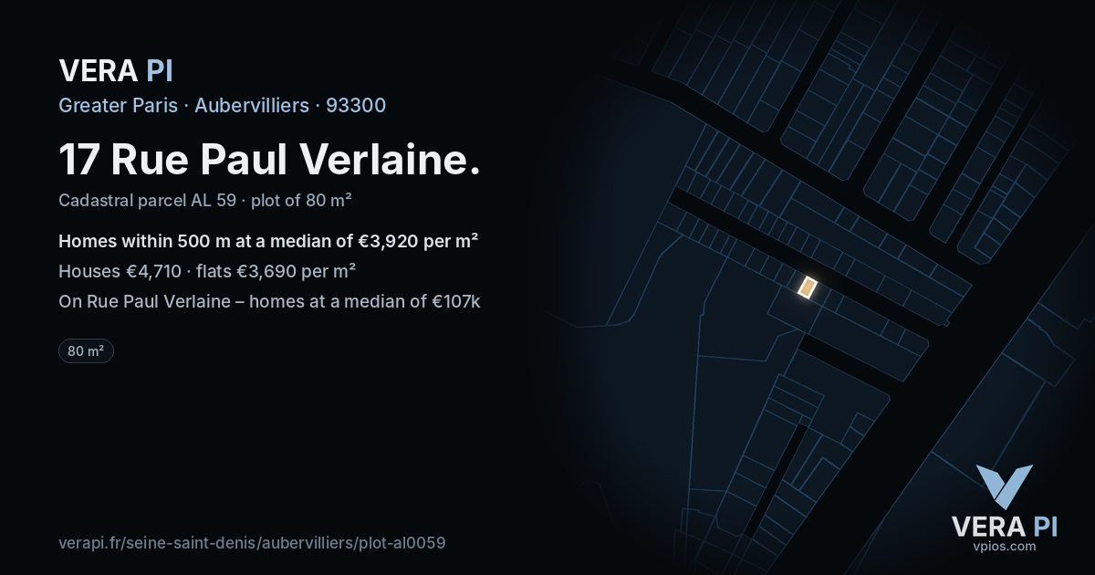 17 Rue Paul Verlaine, Aubervilliers at night – the plot lit, the parcels around coloured by the prices near them