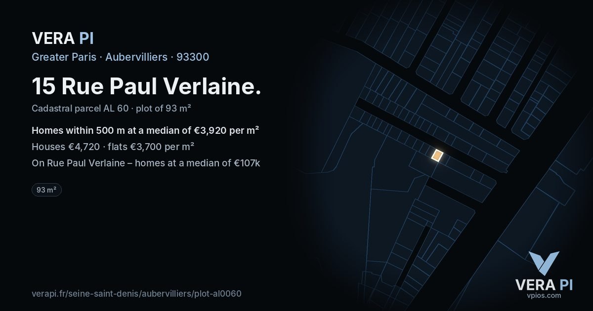 15 Rue Paul Verlaine, Aubervilliers at night – the plot lit, the parcels around coloured by the prices near them