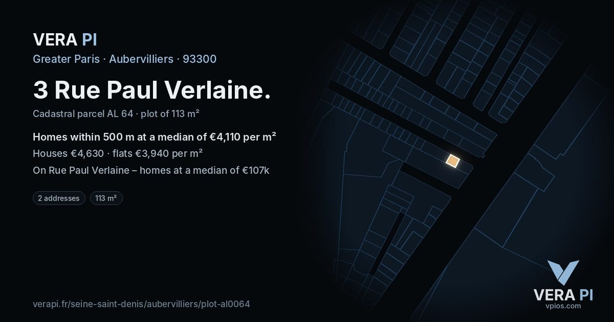 3 Rue Paul Verlaine, Aubervilliers at night – the plot lit, the parcels around coloured by the prices near them