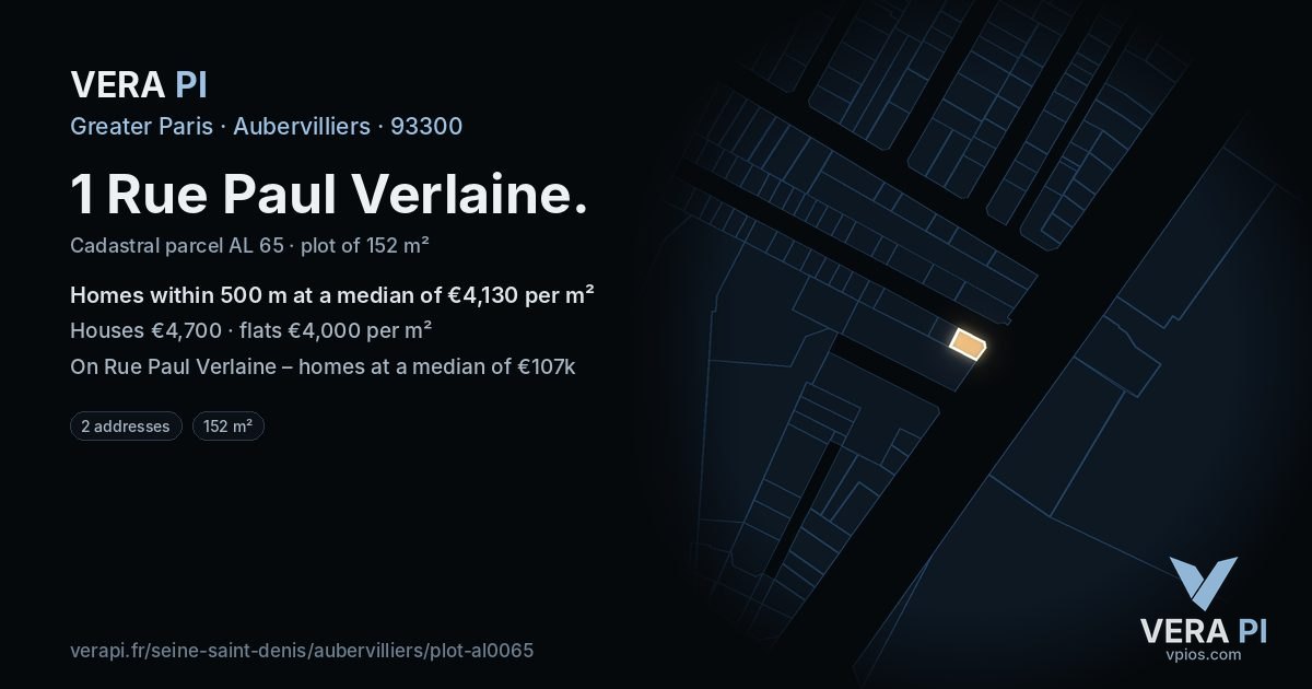 1 Rue Paul Verlaine, Aubervilliers at night – the plot lit, the parcels around coloured by the prices near them
