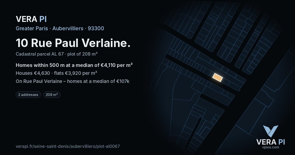10 Rue Paul Verlaine, Aubervilliers at night – the plot lit, the parcels around coloured by the prices near them