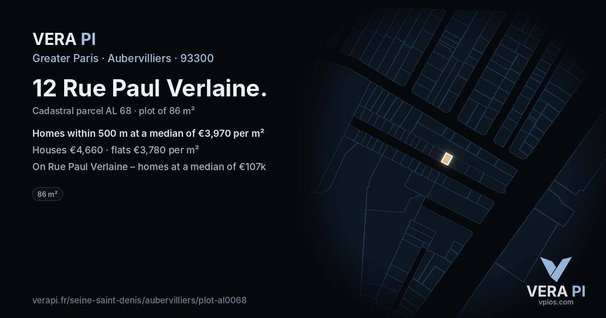 12 Rue Paul Verlaine, Aubervilliers at night – the plot lit, the parcels around coloured by the prices near them