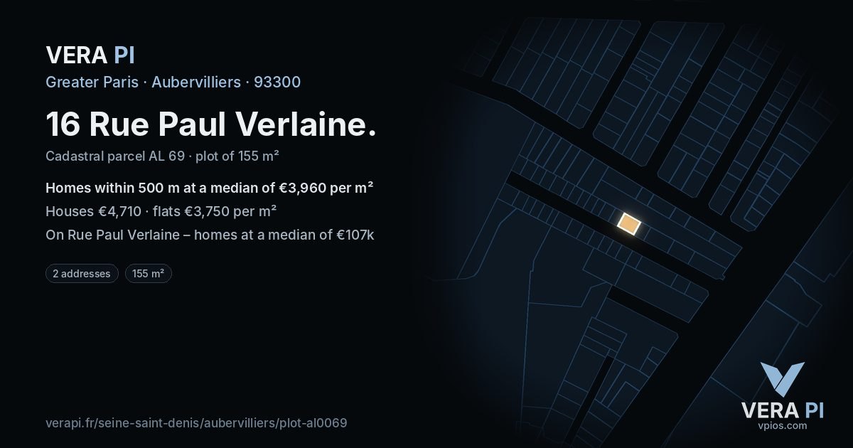 16 Rue Paul Verlaine, Aubervilliers at night – the plot lit, the parcels around coloured by the prices near them
