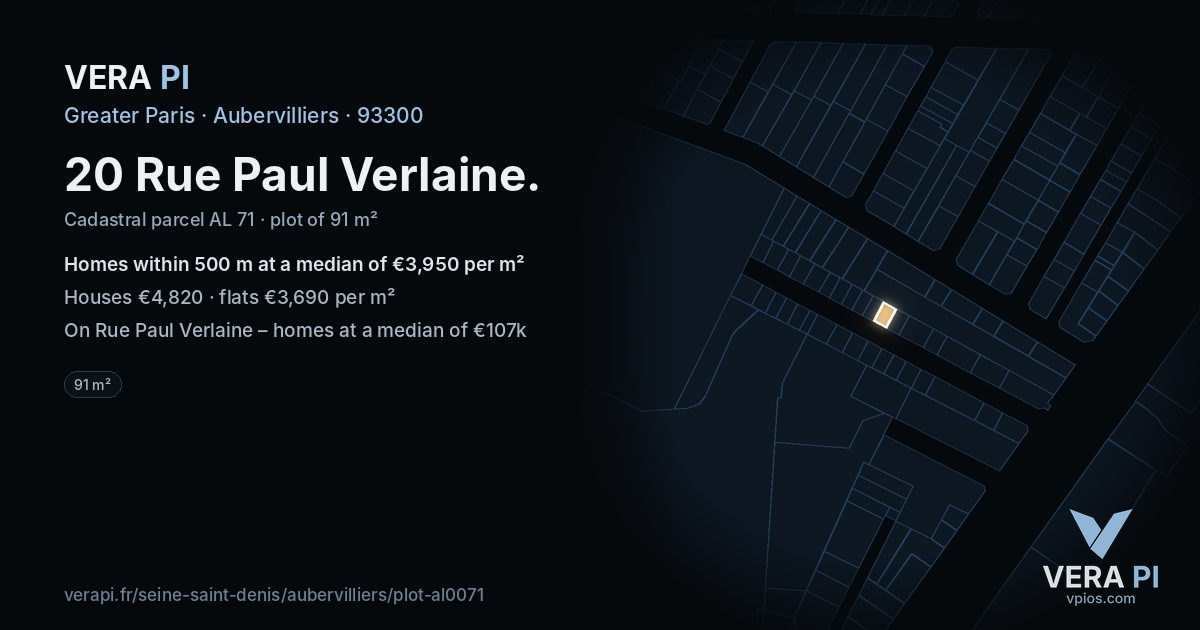 20 Rue Paul Verlaine, Aubervilliers at night – the plot lit, the parcels around coloured by the prices near them