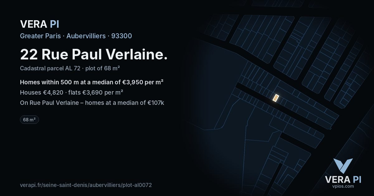 22 Rue Paul Verlaine, Aubervilliers at night – the plot lit, the parcels around coloured by the prices near them